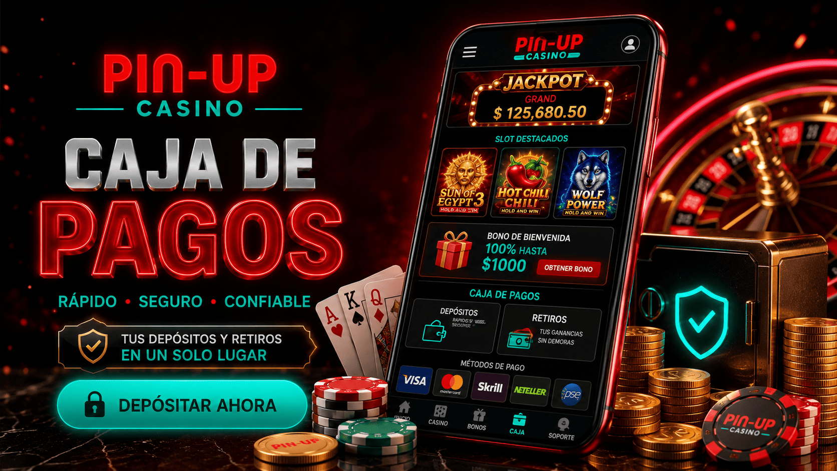 Caja de pagos de Pin-Up Casino con métodos de depósito y retiro